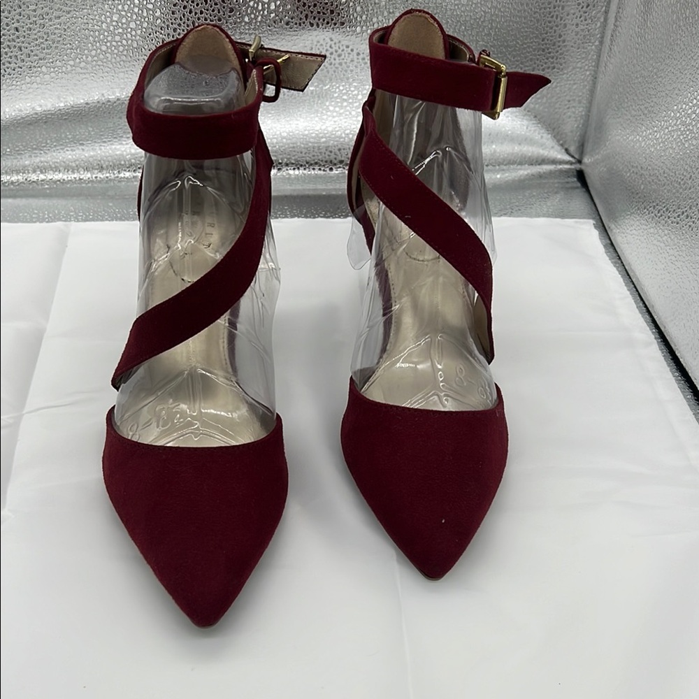 Burgundy Asymmetrical Strap Pointed-Toe Heels